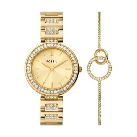 karli three-hand gold-tone stainless steel watch and bracelet box set|fossil karli watch set.